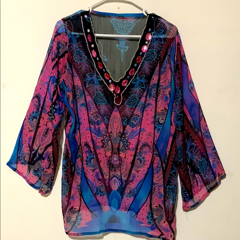 Pink and Blue Embellished Women's Tunic Top